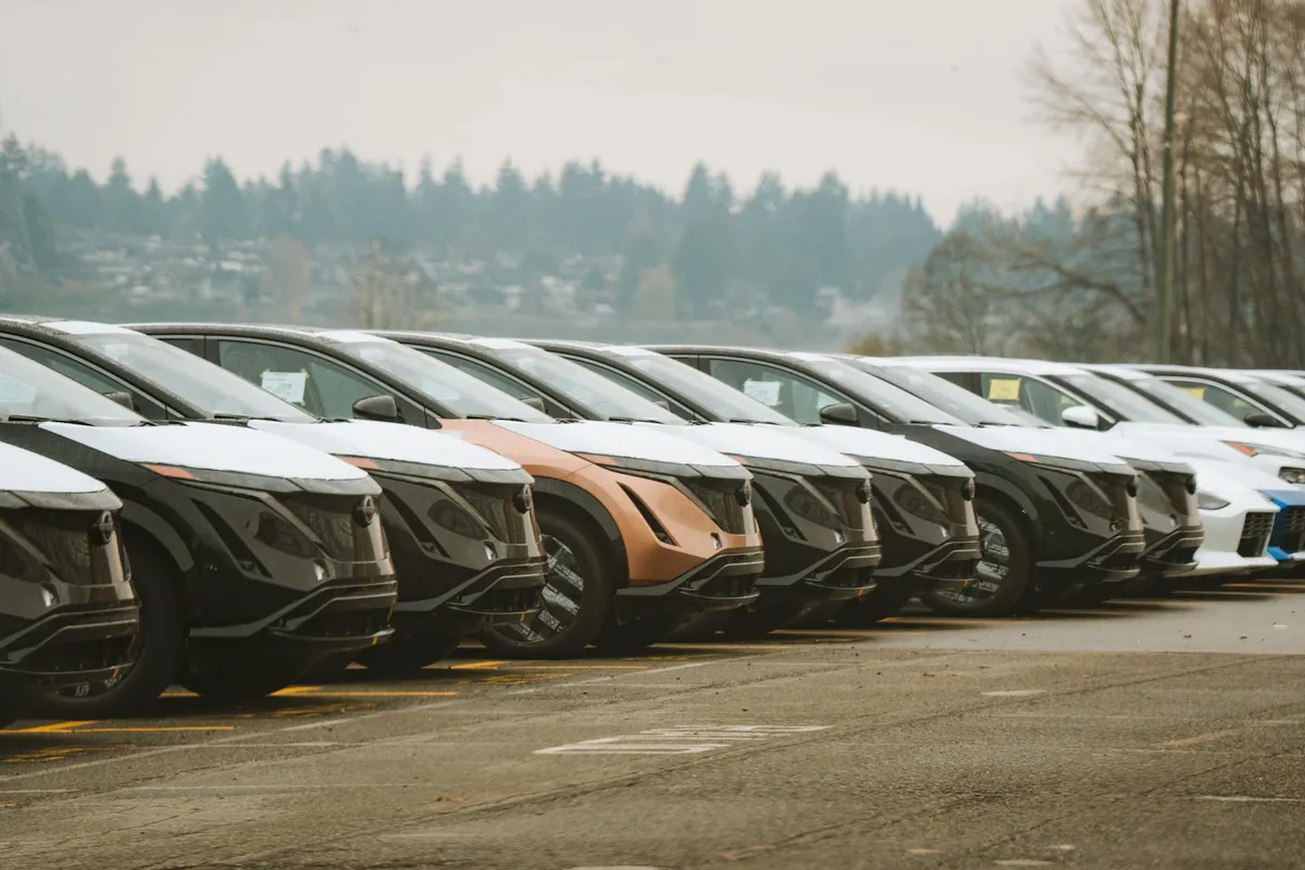 A used-car lot with rows of vehicles